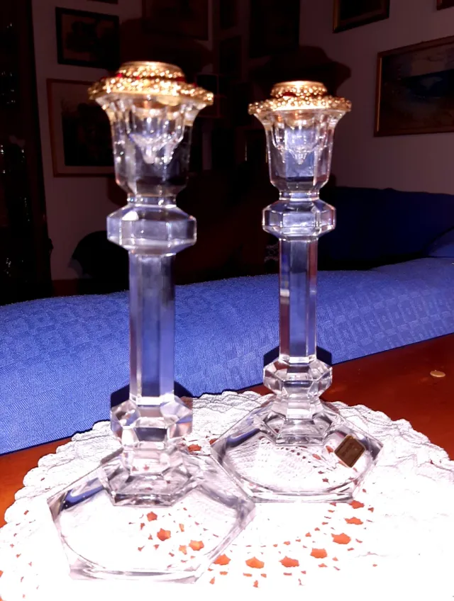 2 Candelabri in cristallo collo in metallo dorato
