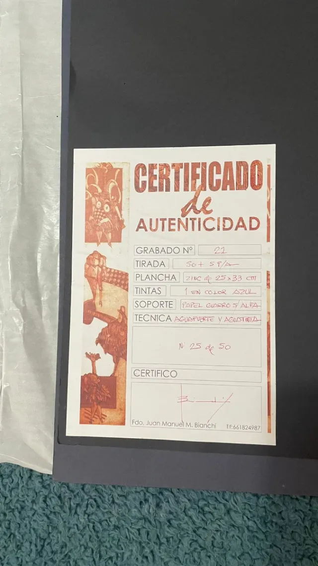 Lámina de Juan Manuel M. Bianchi con certificado