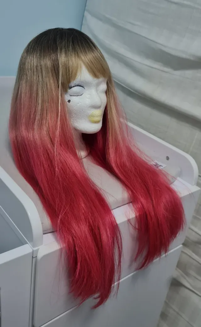 Peluca larga degradado rosa y castaño