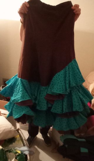 Falda flamenca volantes marrón y turquesa