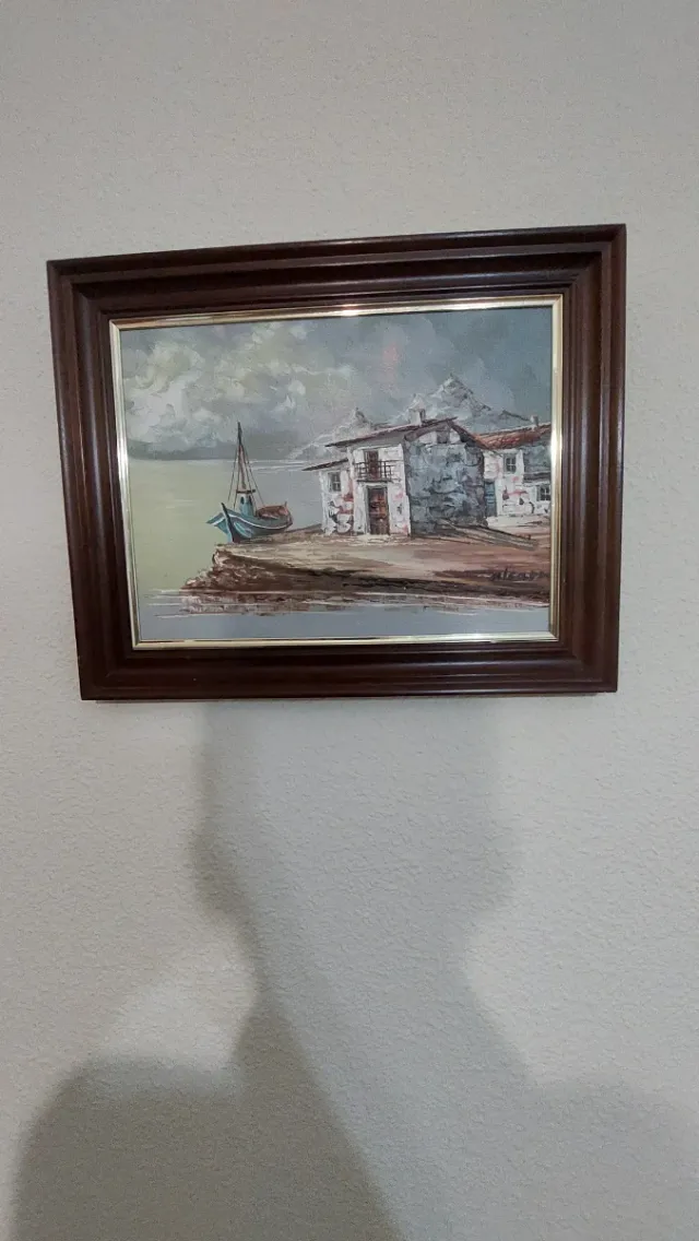 Cuadro de paisaje con barco y casas