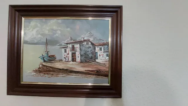 Cuadro de paisaje con barco y casas