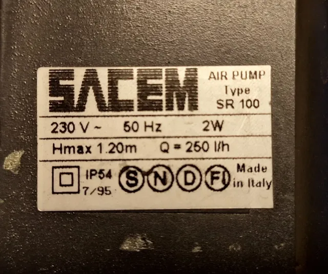 Bomba aire para acuario, Sacem SR 100
