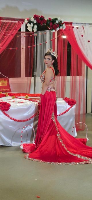 Vestido Fiesta Gitana Pedrería Rojo/Blanco