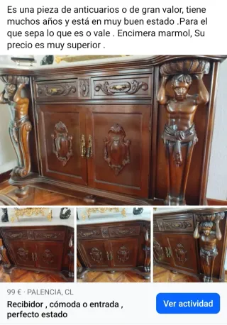 Recibidor/Cómoda Antigua Madera y Mármol