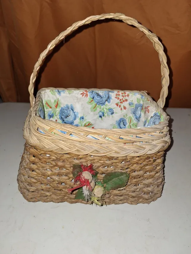 Cesta Mimbre ibor Vintage Flores Azul Años 60