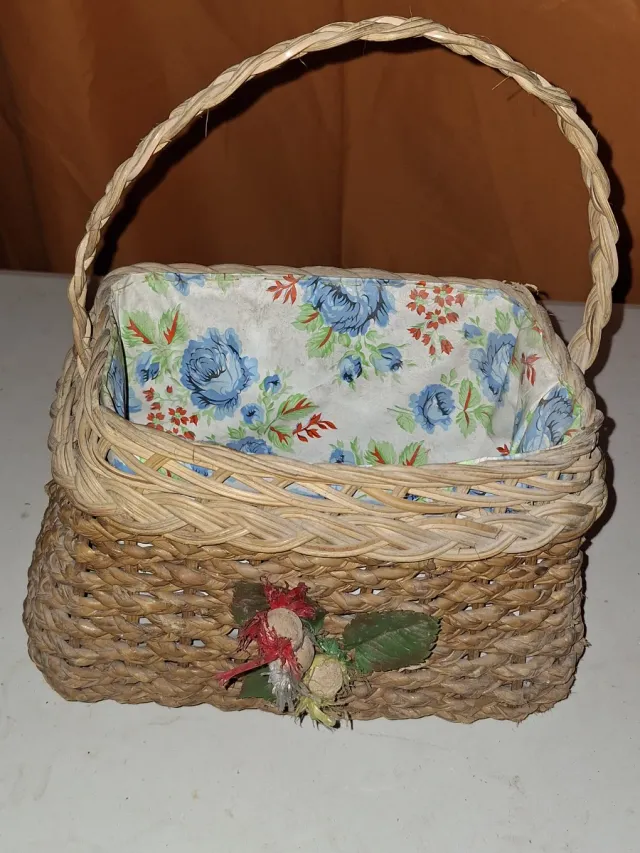 Cesta Mimbre ibor Vintage Flores Azul Años 60