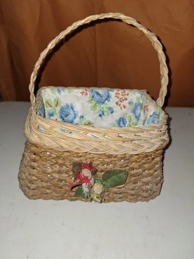 Cesta Mimbre ibor Vintage Flores Azul Años 60