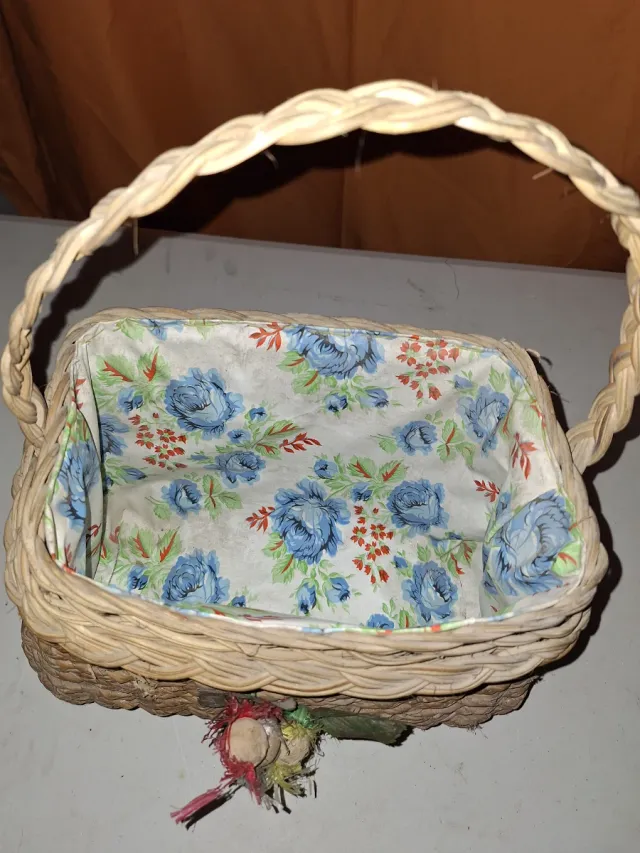 Cesta Mimbre ibor Vintage Flores Azul Años 60