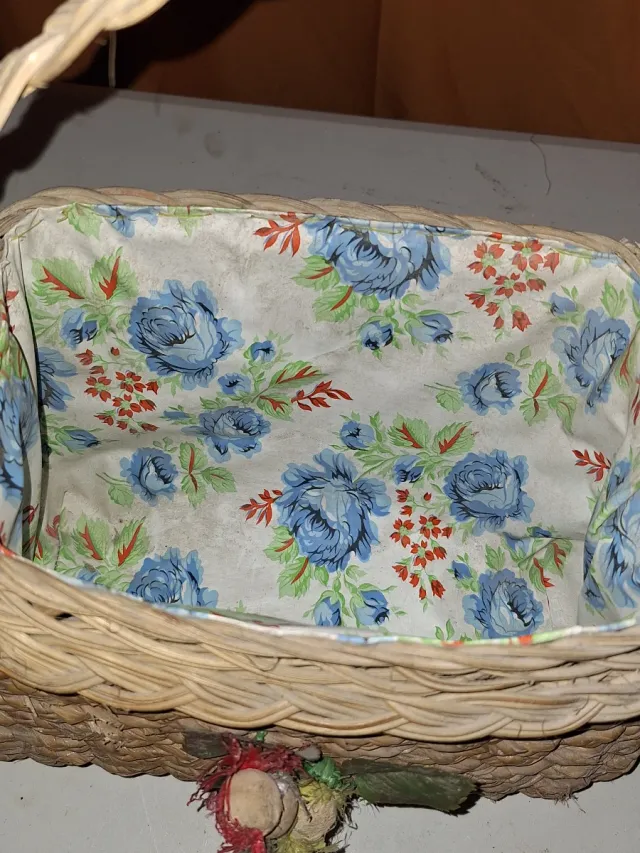 Cesta Mimbre ibor Vintage Flores Azul Años 60