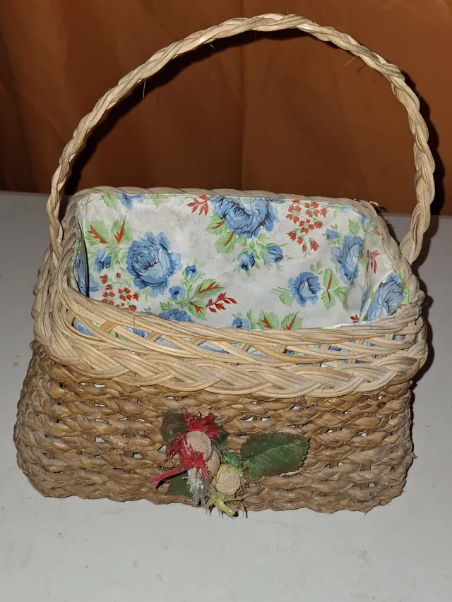 Cesta Mimbre ibor Vintage Flores Azul Años 60