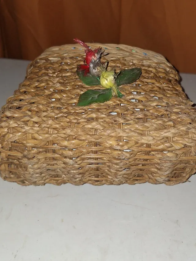 Cesta Mimbre ibor Vintage Flores Azul Años 60