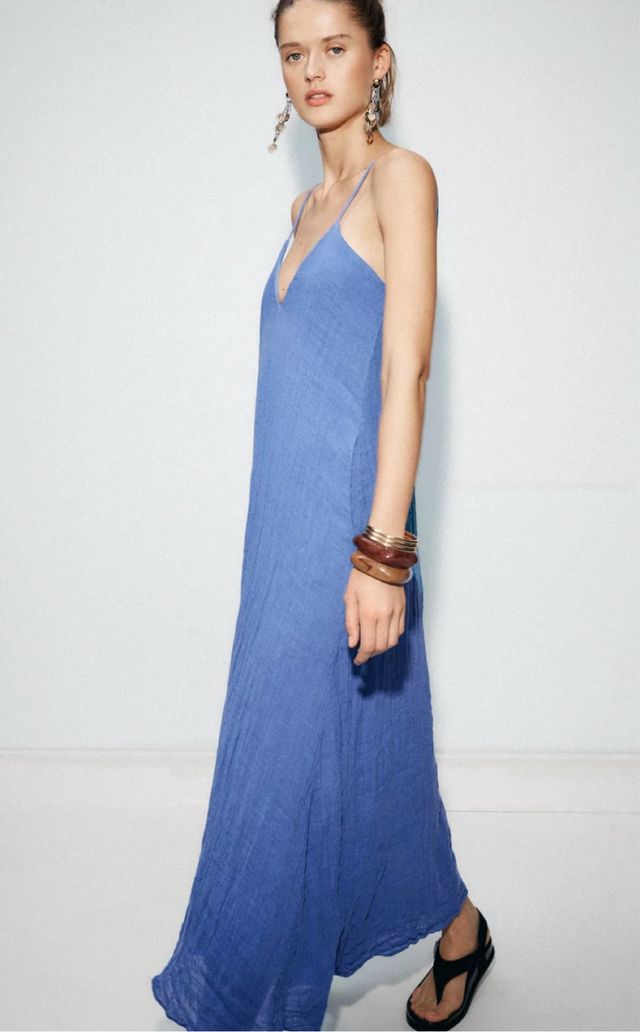 Vestido largo Zara Lino Azul talla XS