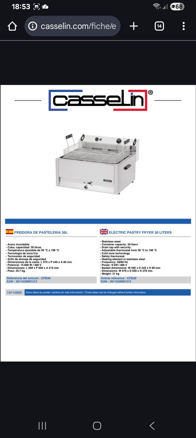 Freidora Casselin Pastelería