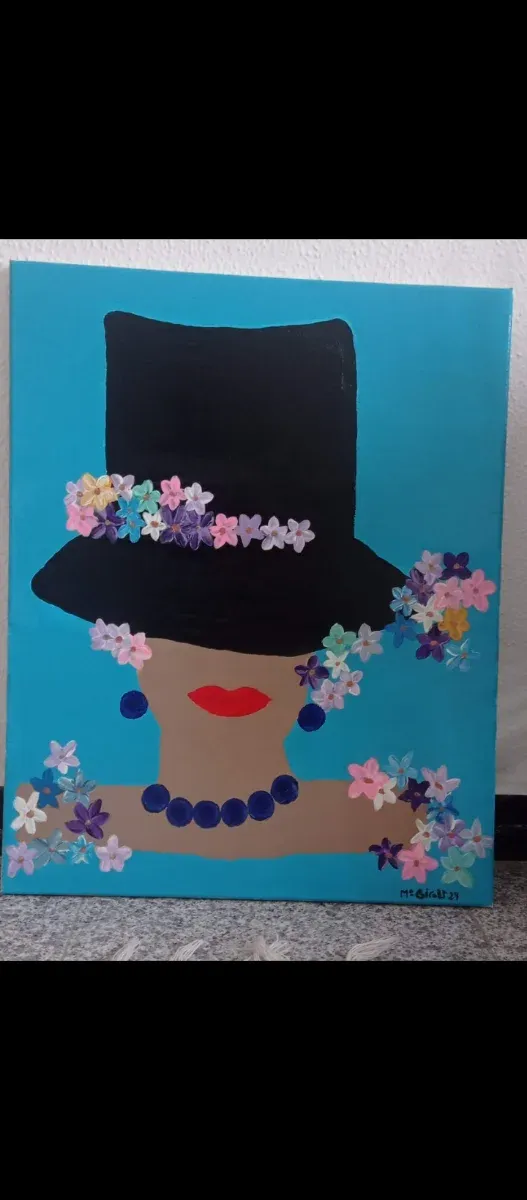 Cuadro mujer con sombrero y flores
