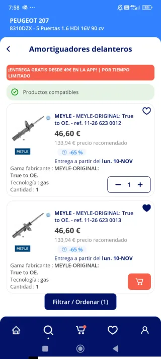 Amortiguador Peugeot 207 1.6 HDI Delantero