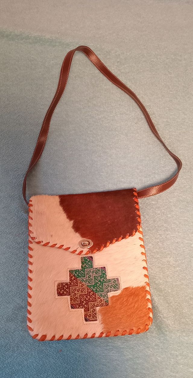 Bolso Artesanal Piel Blanco y Marrón