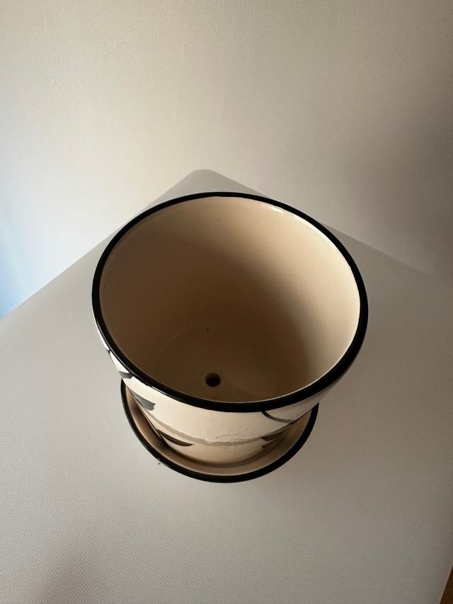 Taza cerámica decorada con hojas.