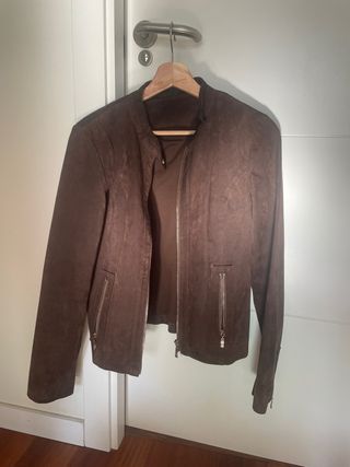 Chaqueta efecto ante marrón piel auténtica