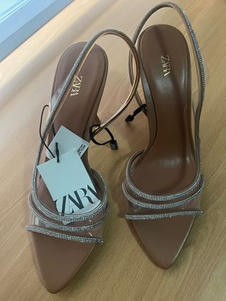 Sandalias Zara Tacon Brillantes Marron Talla 39