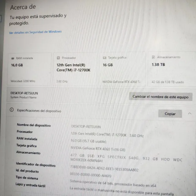 PC I7 12700K, 16 GB, RTX 4060 A 16 GB.