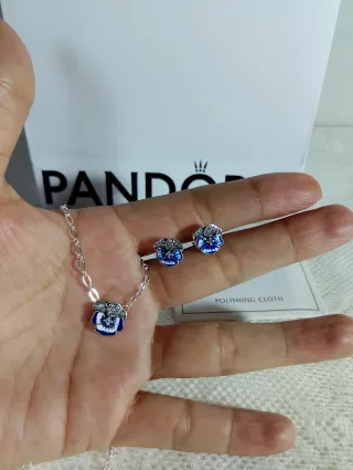 Conjunto Pandora Flor Azul y Plata