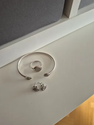 Conjunto Pandora Plata Anillo pulsera y pendoentes