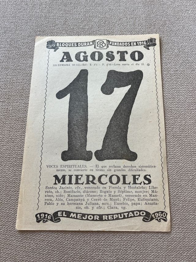 Hoja calendario 17 Agosto 1960