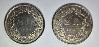 2 Monete Svizzera 2 Franchi 1980-1987 SPL