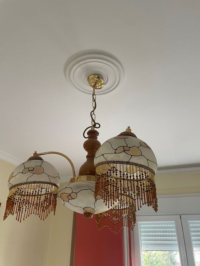 Lampada a sospensione vintage in legno e vetro