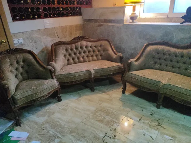 Conjunto Sofás Vintage Madera y Tela