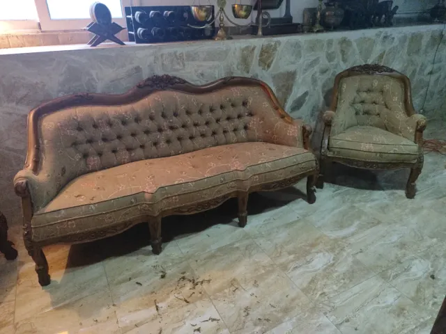 Conjunto Sofás Vintage Madera y Tela