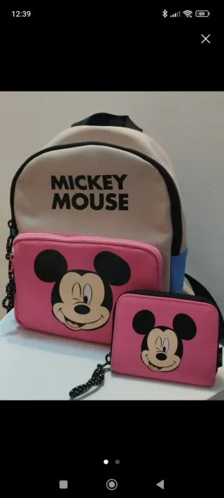 Mochila y cartera Mickey Mouse rosa. Bolso smiles