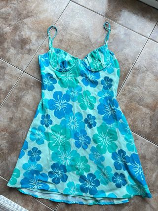 Vestido Verano Zara Flores Azul/Verde Talla S