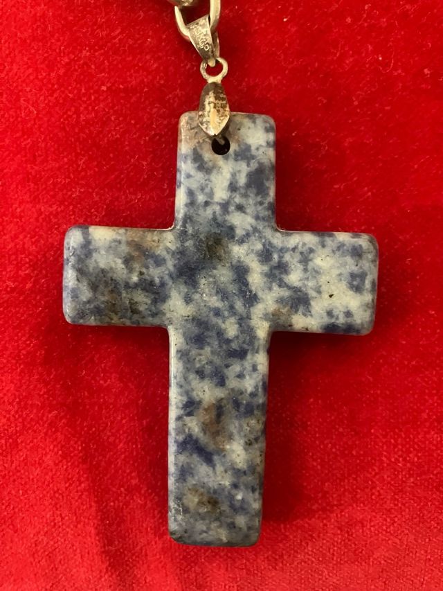 Collar Cruz Piedra Azul y Cadena Plata