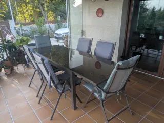 Mesa extensible aluminio/cristal + 6 sillas