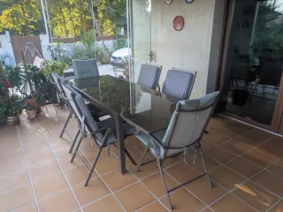 Mesa extensible aluminio/cristal + 6 sillas
