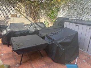 4 Sillones Cross Arm ECI + Mesa Acero fundas X 2