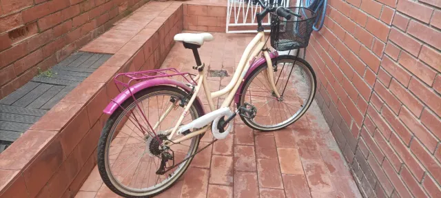 Bicicleta beige con cesta y guardabarros rosa