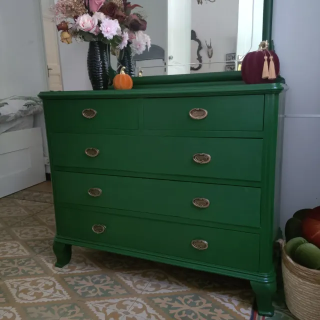 Cofre de Gaveta Vintage Verde Escuro Cúmoda com Espelho