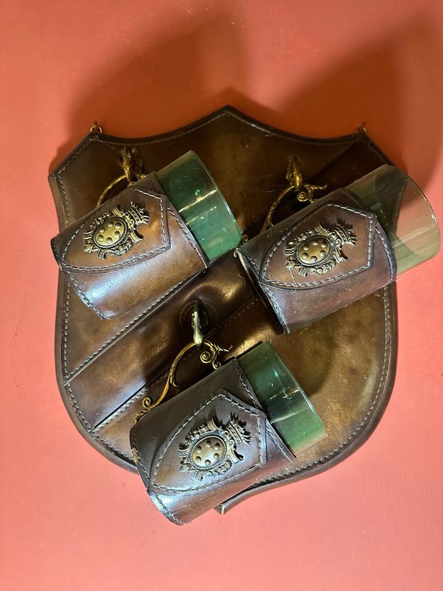 Set 3 Boccali Birra Vintage in Vetro, Cuoio Bronzo