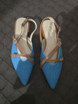 Zapatos tacón bajo denim,mezclilla y cuero sintéti