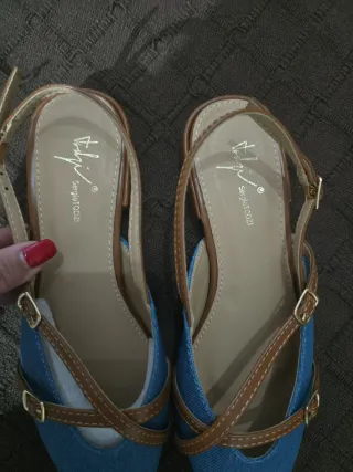 Zapatos tacón bajo denim,mezclilla y cuero sintéti