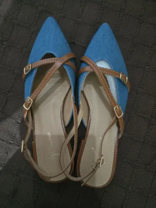 Zapatos tacón bajo denim,mezclilla y cuero sintéti