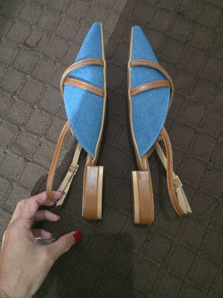 Zapatos tacón bajo denim,mezclilla y cuero sintéti