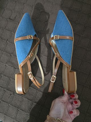 Zapatos tacón bajo denim,mezclilla y cuero sintéti