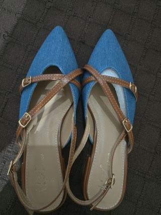 Zapatos tacón bajo denim,mezclilla y cuero sintéti
