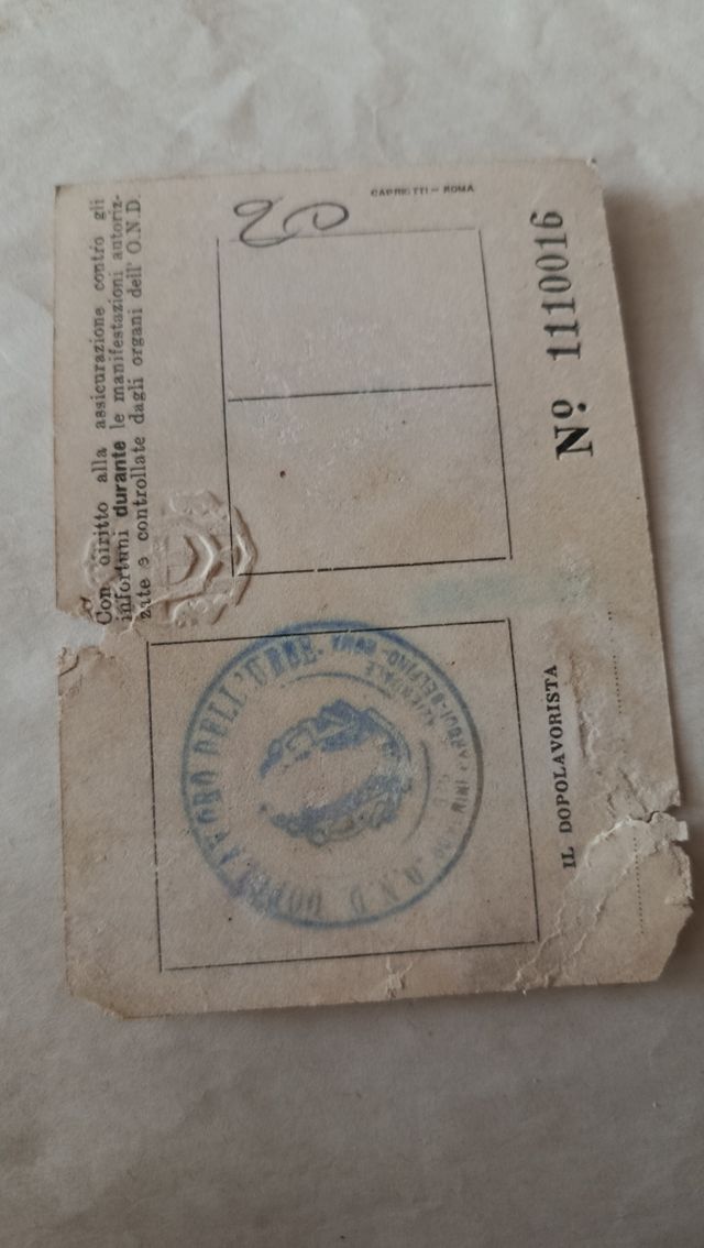 Tessera PNF Opera Nazionale Dopolavoro A. XVII