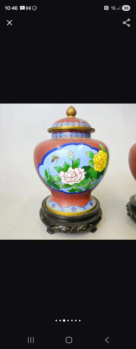 Pareja jarrones cloisonné chinos con peanas