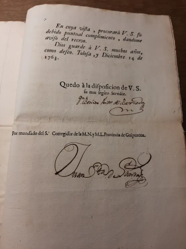 Documento Storico; Anno 1763 - Tolosa (Gipuzkoa)